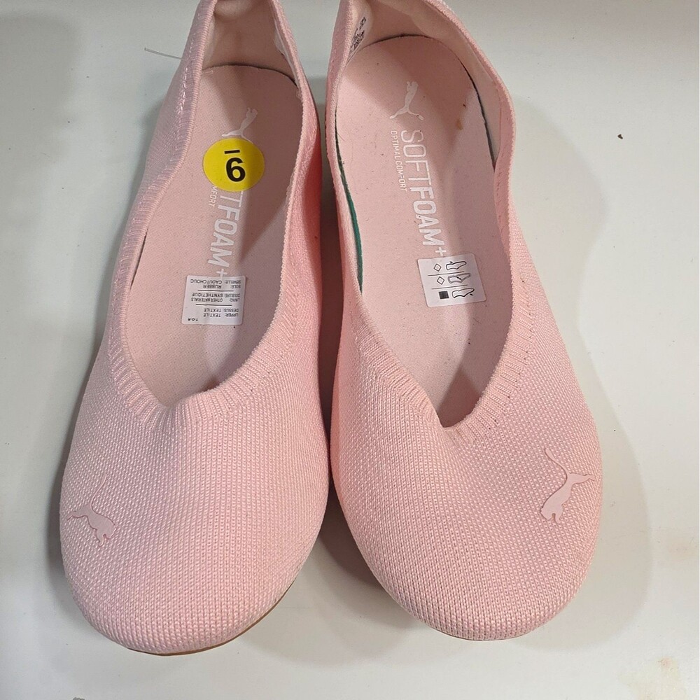 PUMA SoftFoam+ Knit Ballet Flats Pink Logo Slip-On Round Toe US 6